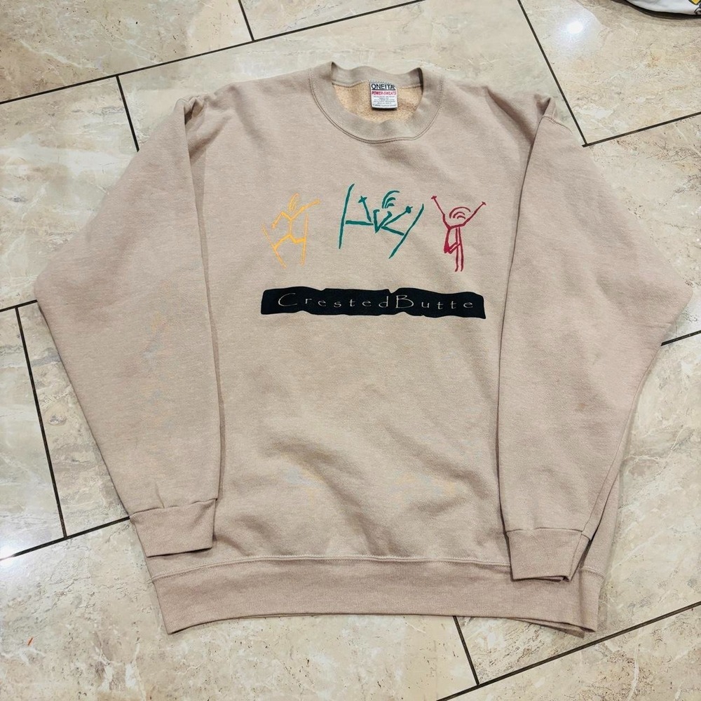 Vintage 90s Oneita Crested Butte Colorado Skiing Sweatshirt Mens XL Beige